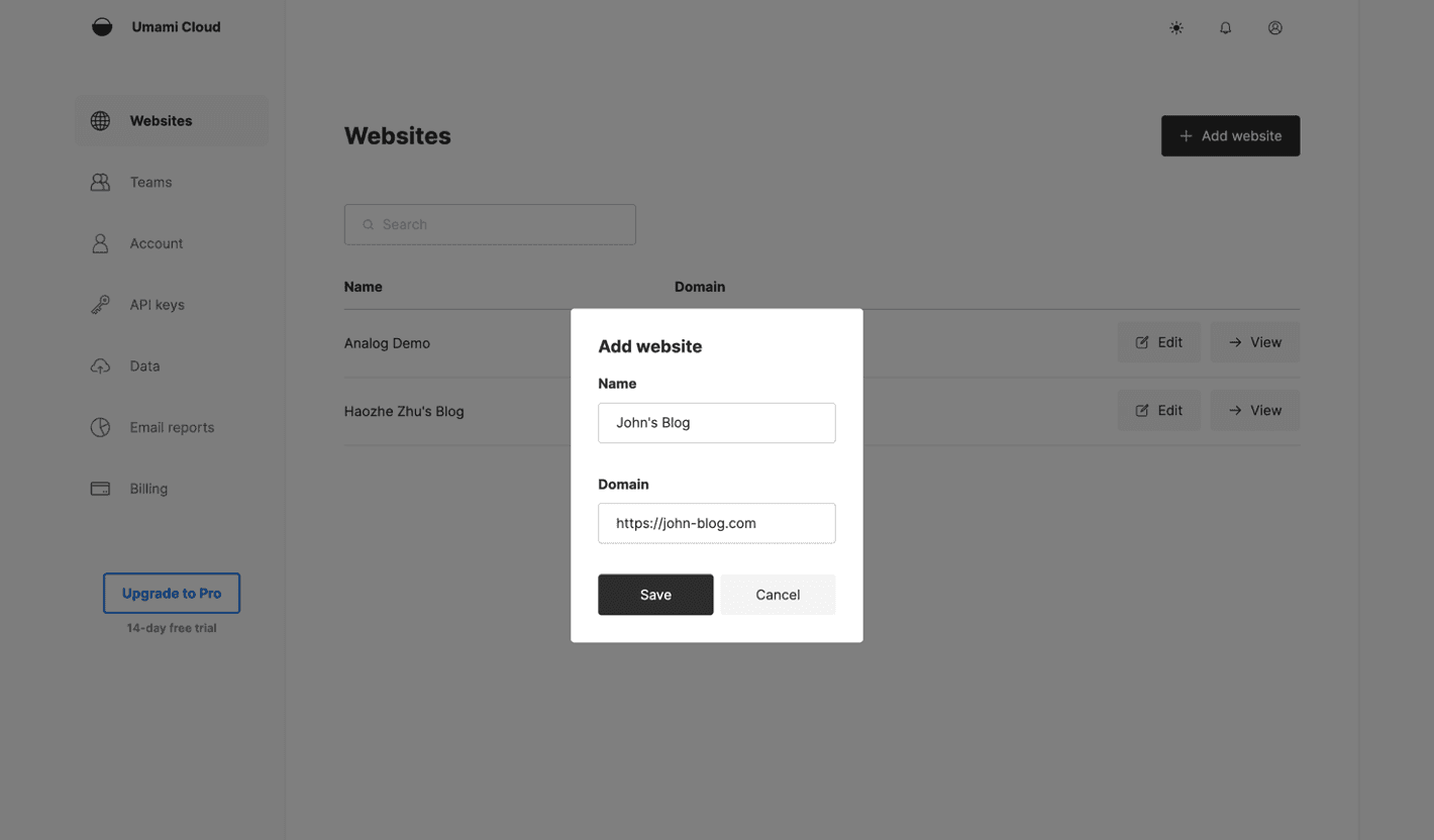Umami Add Website