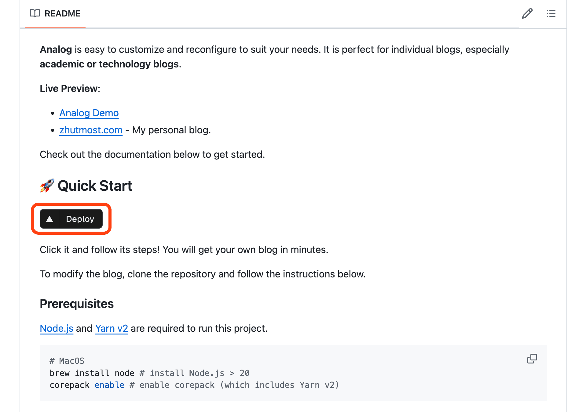 The Deploy button in the repository README