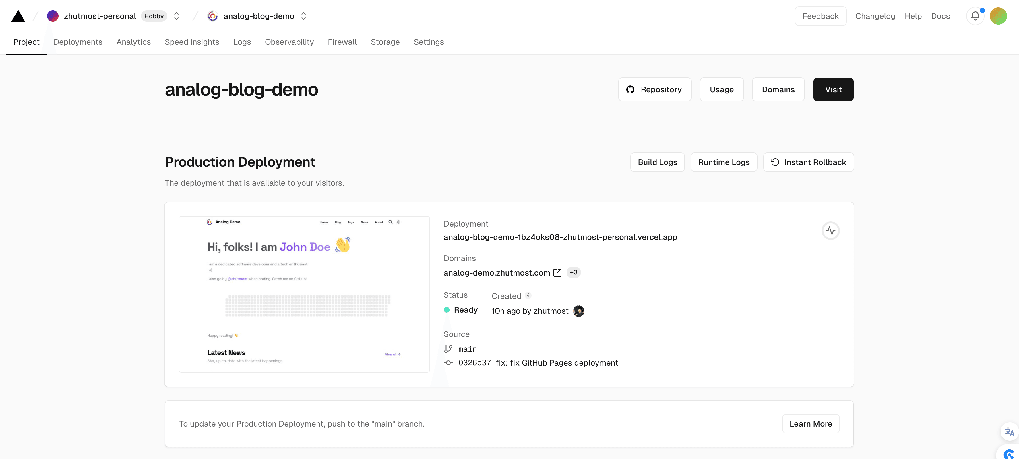 A completed Vercel deployment