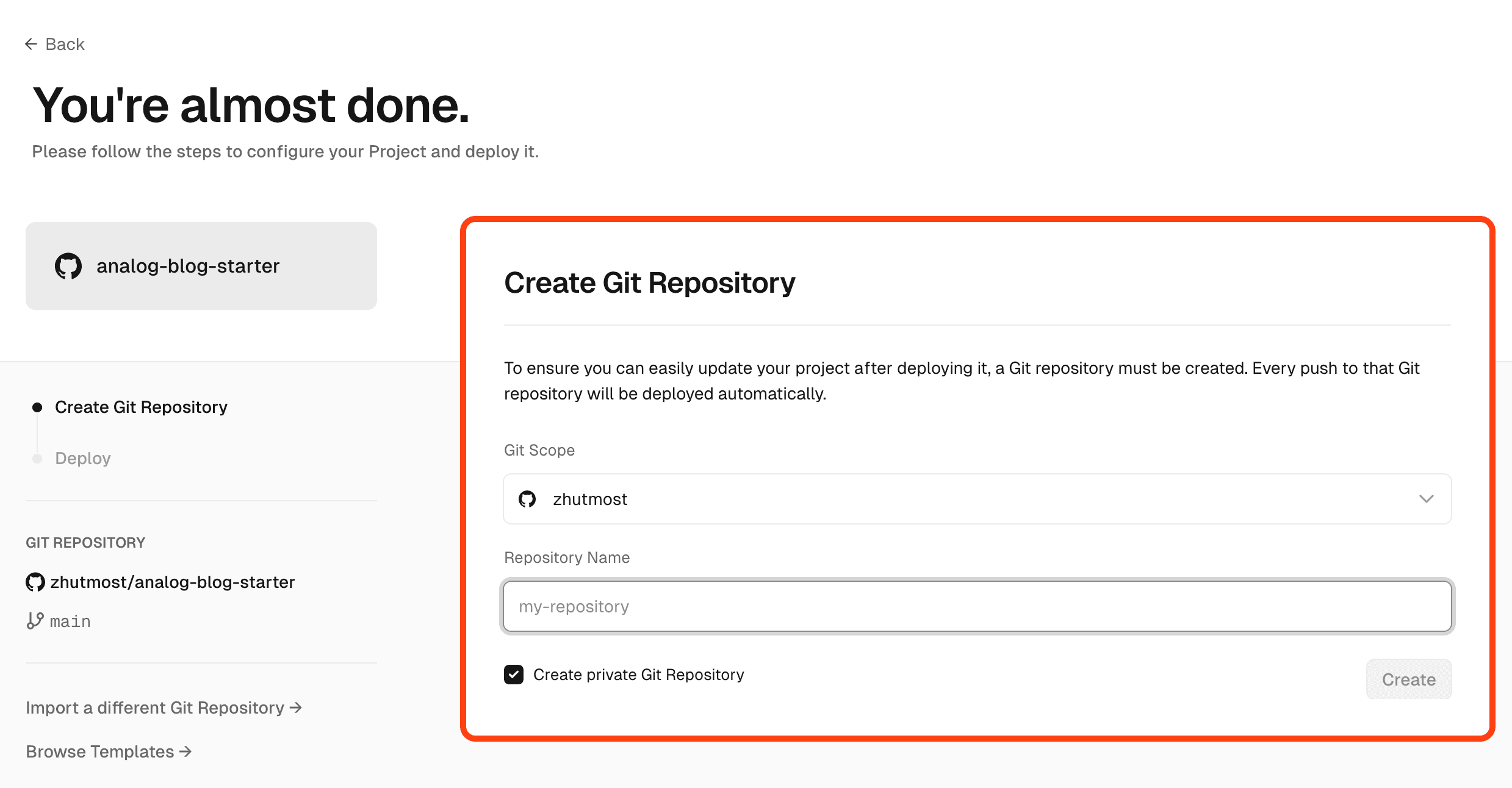 Create a Git repository for the Vercel project